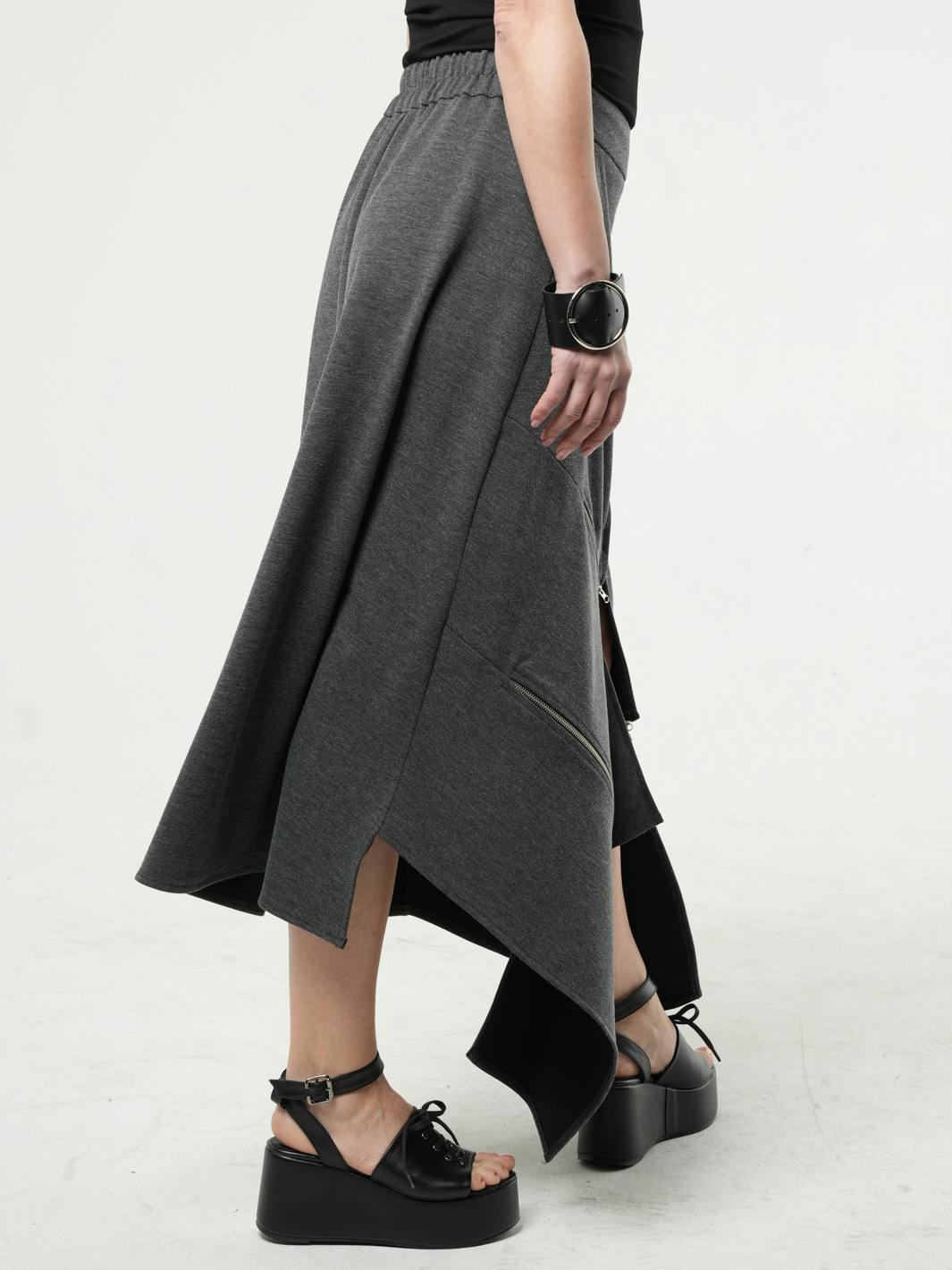 Thumbnail preview #6 for Asymmetric Gray Long Skirt with Zippers 