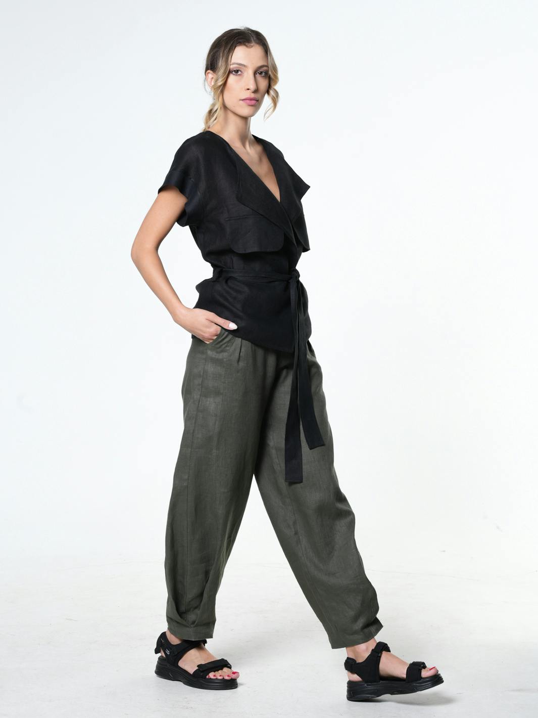 Thumbnail preview #3 for Belted Linen Wrap Top