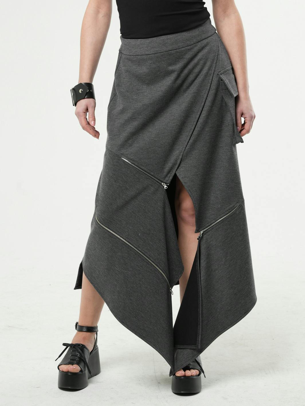 Thumbnail preview #3 for Asymmetric Gray Long Skirt with Zippers 