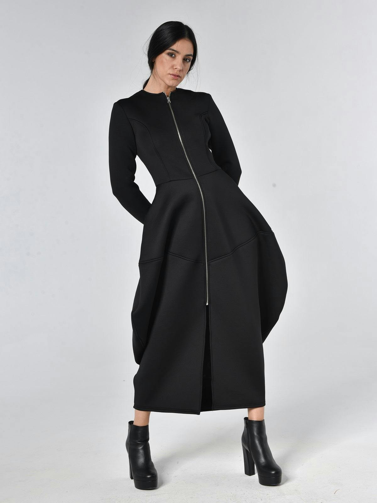 Long Zipper Neoprene Dress In Black, a product by METAMORPHOZA