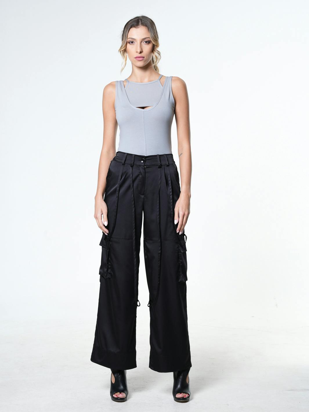 Thumbnail preview #2 for Black Satin Cargo Pants