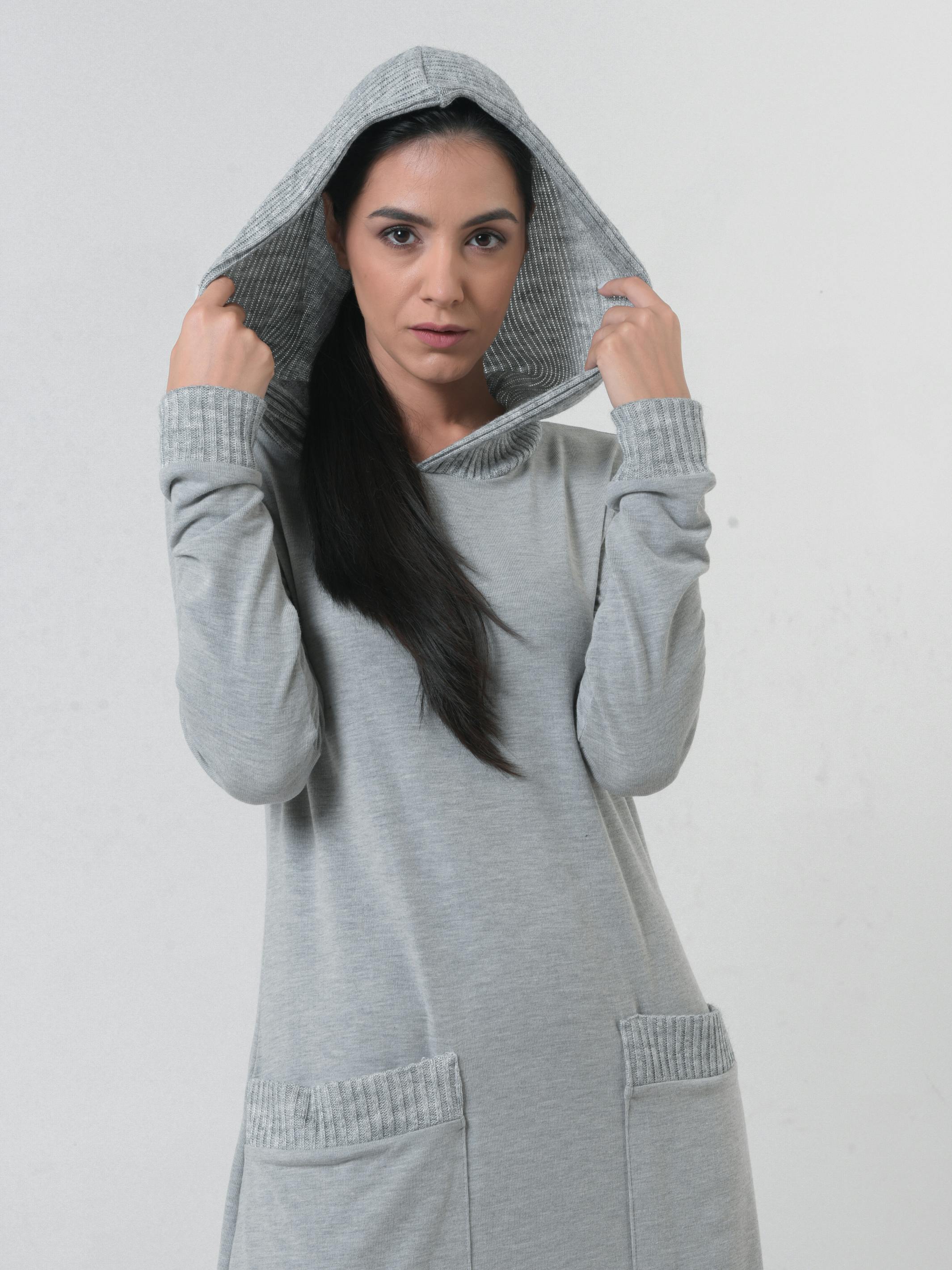 Thumbnail preview #5 for Knitted Long Sleeve Hooded Dress In Light Gray