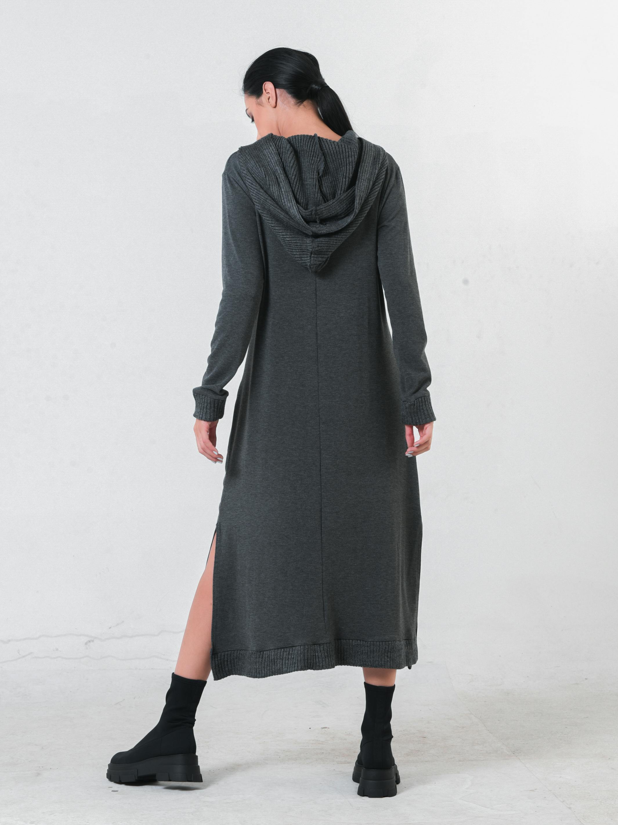 Thumbnail preview #4 for Knitted Long Sleeve Hooded Dress In Dark Gray