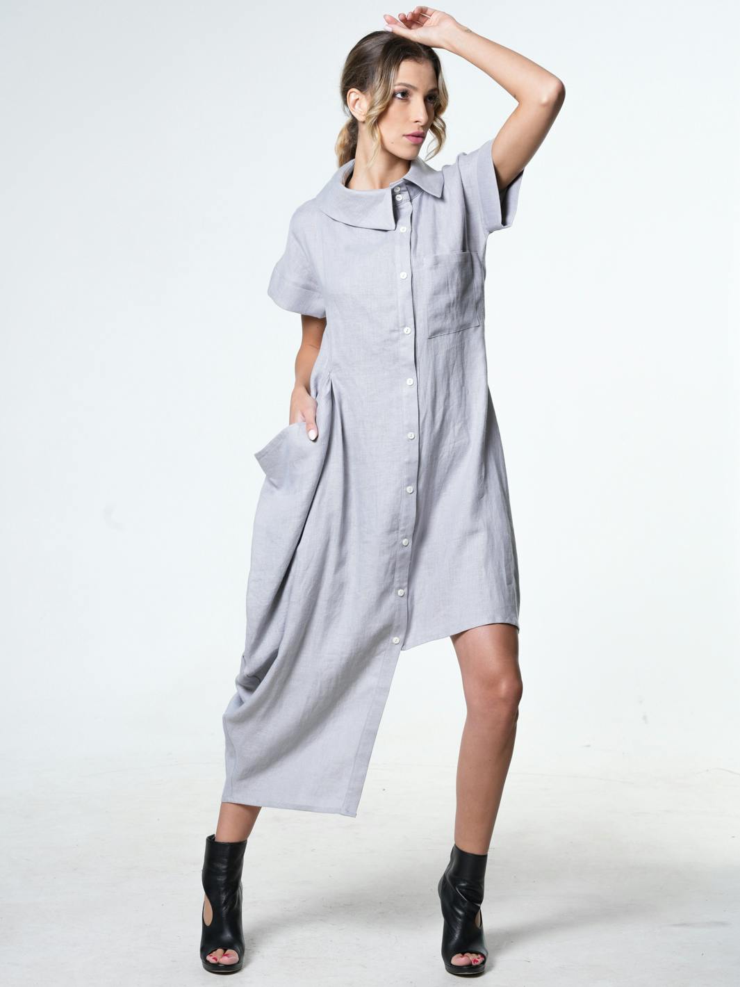 Thumbnail preview #1 for Collared Linen Shirt Dress In Black