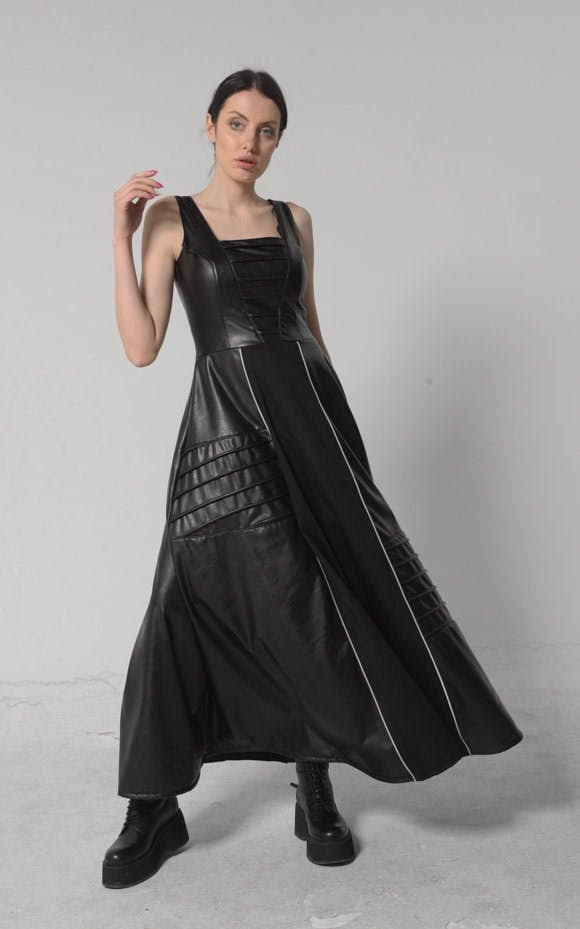 Thumbnail preview #1 for Long Flare Vegan Leather Dress