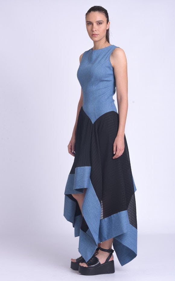 Asymmetric Denim Chiffon Dress, a product by METAMORPHOZA