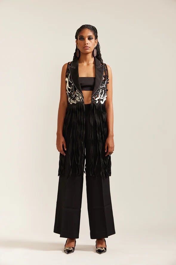 BLACK & CREAM FRINGE PYSCHEDELIC JACKET CO-ORD, a product by Mini Sondhi