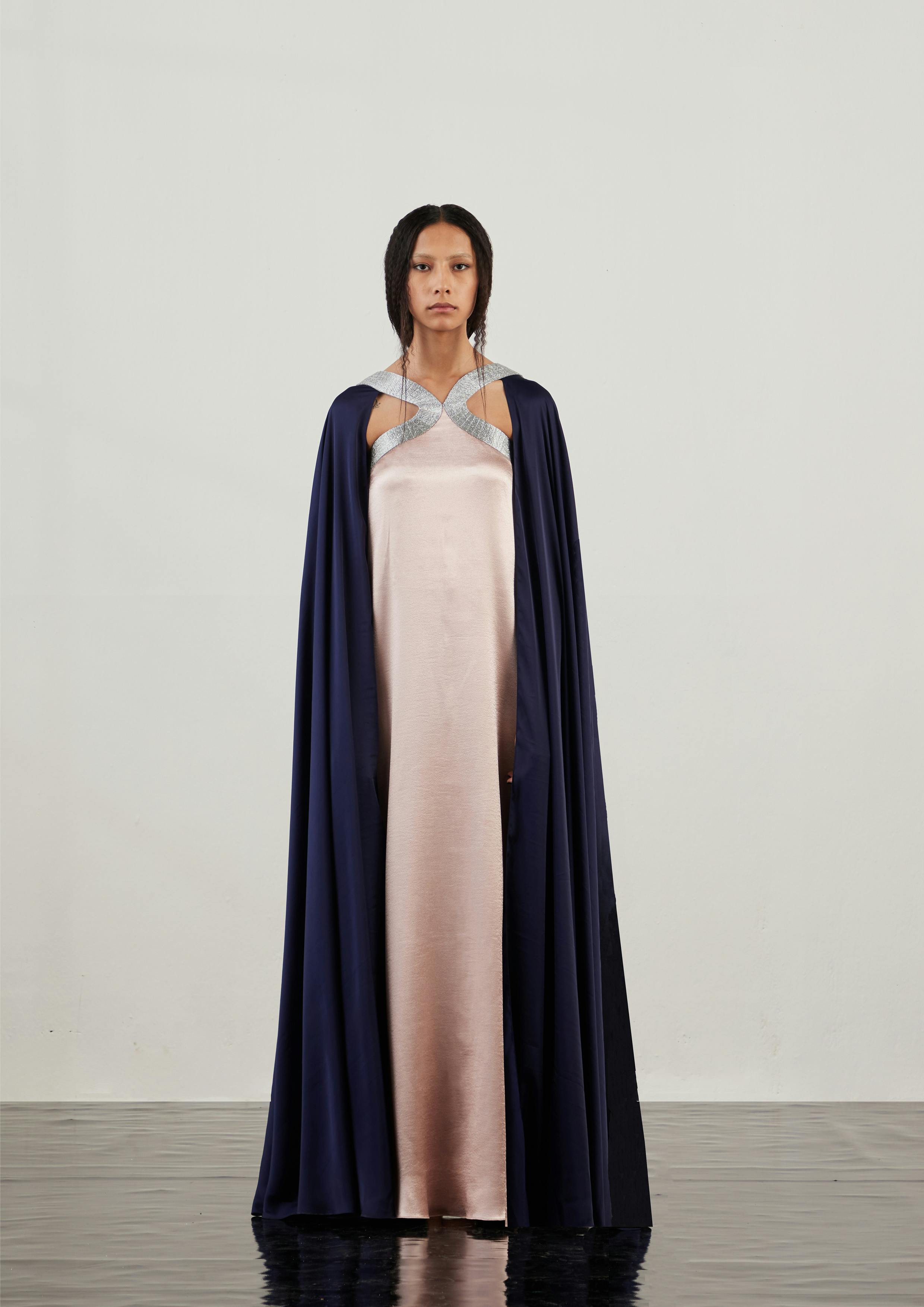 Thumbnail preview #1 for Textured Satin Cape Sleeves Dress