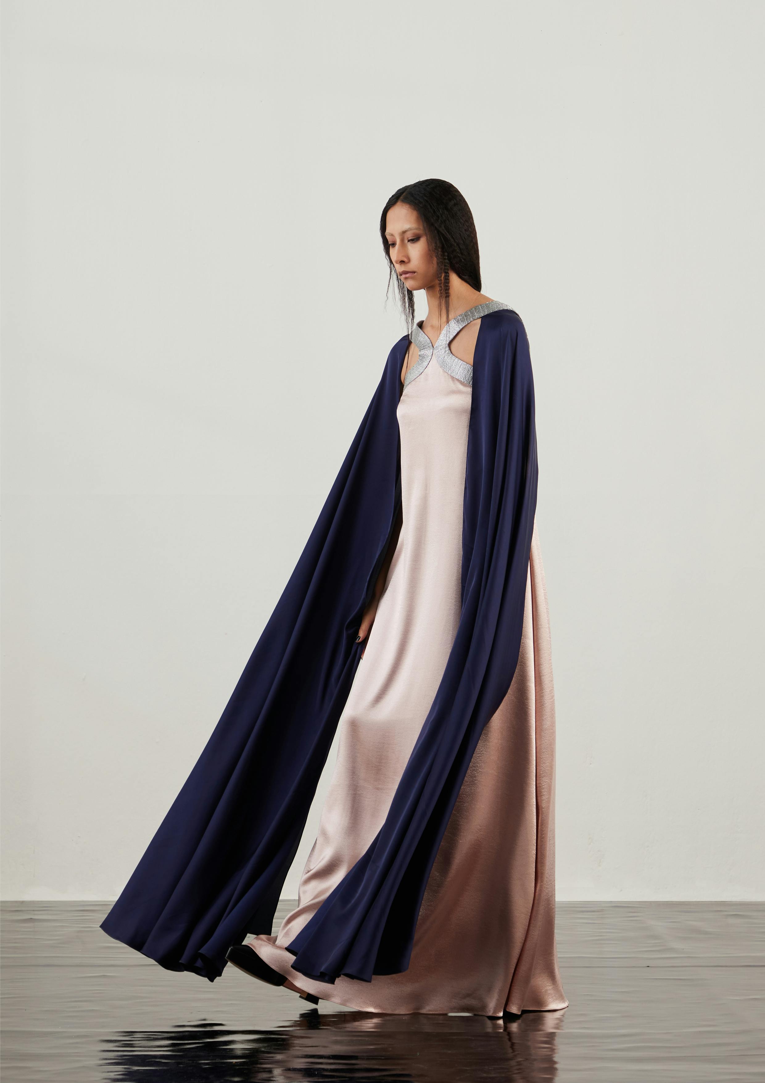 Thumbnail preview #0 for Textured Satin Cape Sleeves Dress