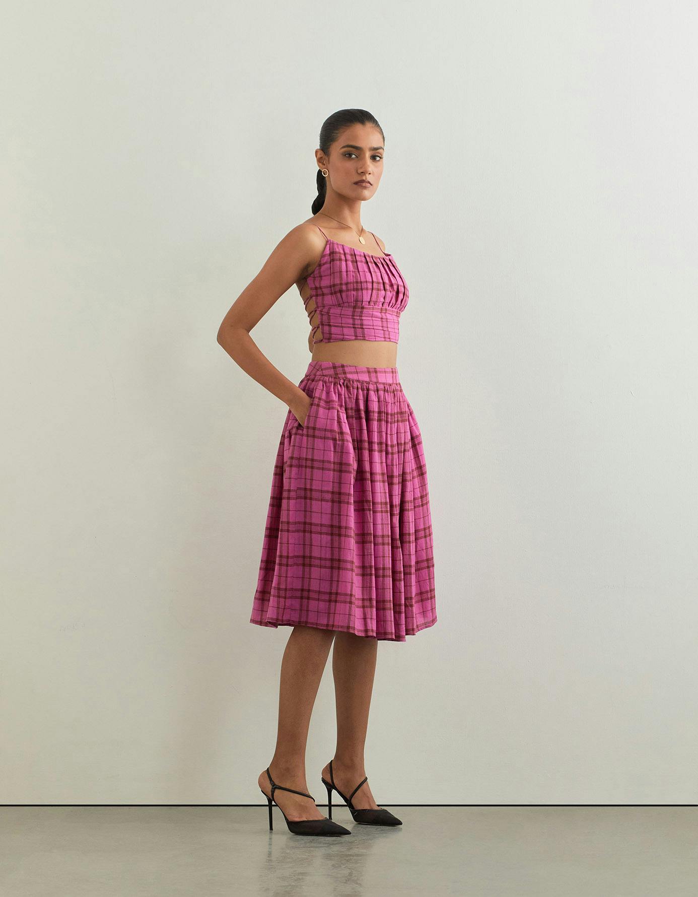 LIA SKIRT In Pink Checks, a product by SIX BUTTONS DOWN